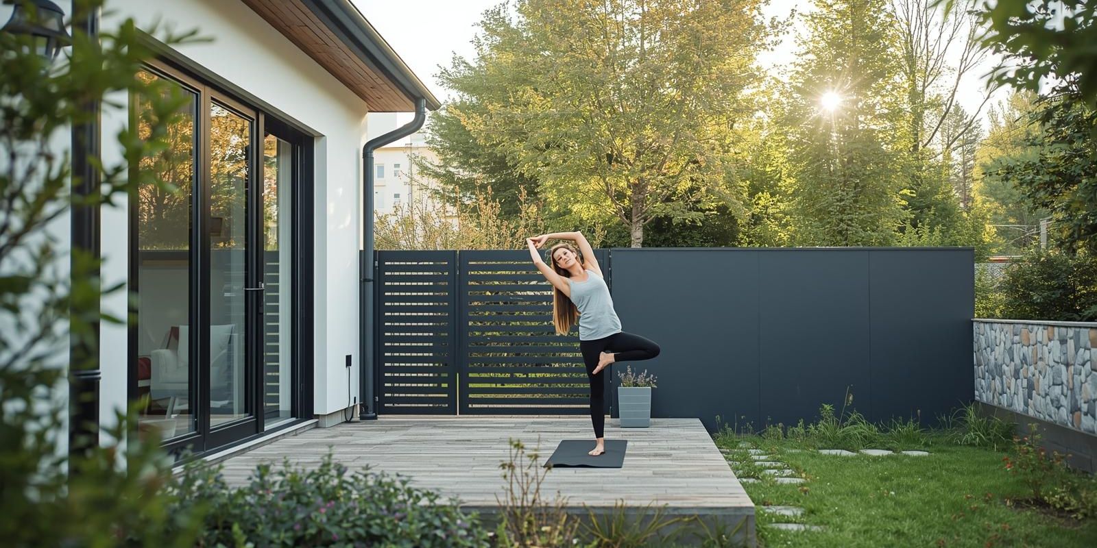 Nowoczesny ogród z miejscem do ćwiczeń i aluminiowym ogrodzeniem – ogrodzenia w Brzesku i bramy aluminiowe