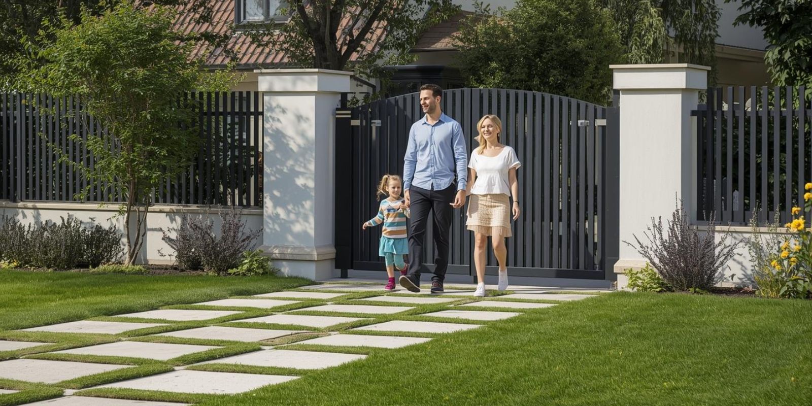Rodzinny spacer po ogrodzie przy nowoczesnym domu z ogrodzeniem Brzesko i bramą wjazdową