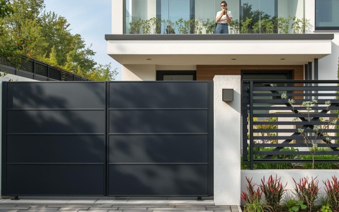 Taras przy domu z nowoczesną bramą aluminiową i ogrodzeniem w Brzesku