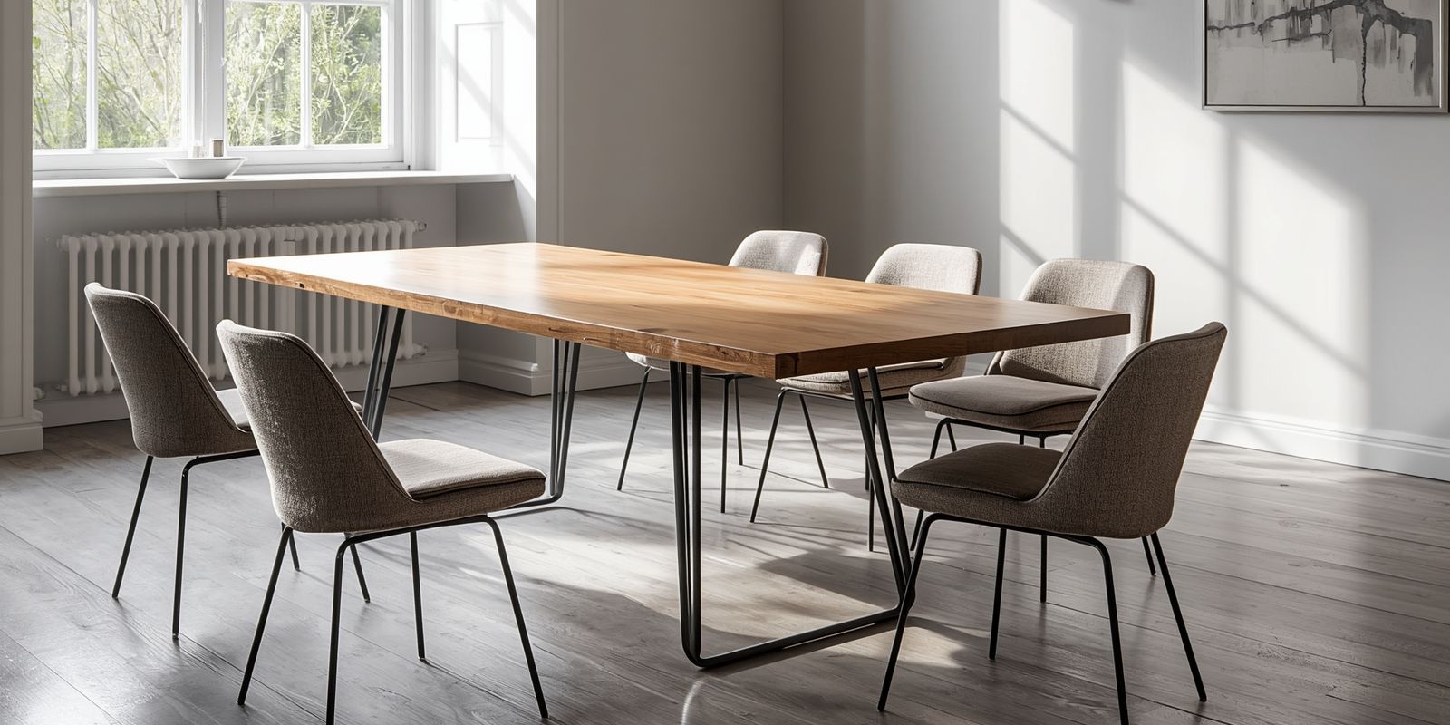 Nowoczesna jadalnia z dużym stołem i zestawem stołów i krzeseł w Rzeszowie w stylu minimalistycznym