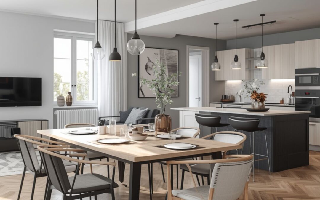 Salon z jadalnią i stołami oraz krzesłami w Krakowie i Wieliczce w nowoczesnym stylu